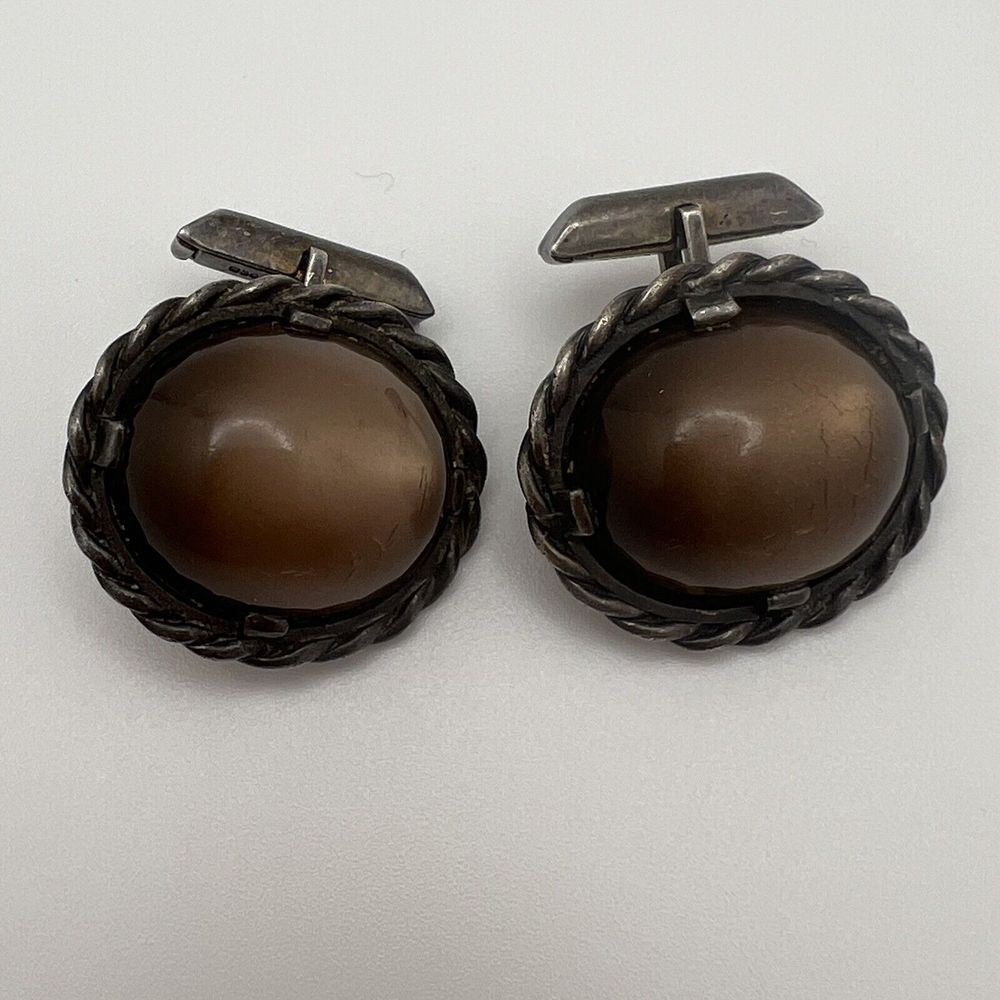 Vintage Ed Harris Sterling Silver Tigers Eye Agate Modernist Handmade Cufflinks - Picture 1 of 9
